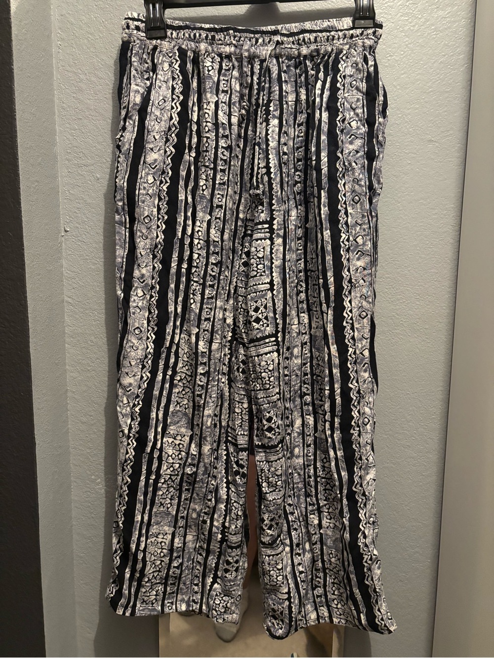 Blue & White Patterned Wide Leg Boho Pants